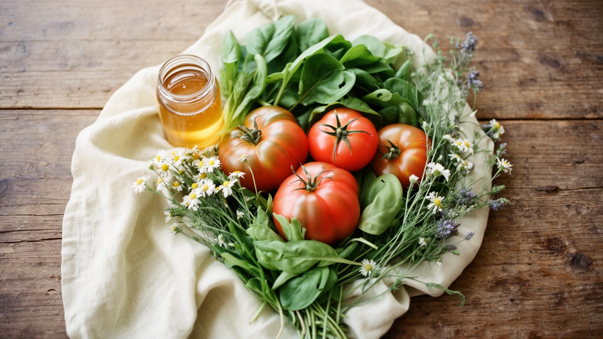 Overhead arrangement of heirloom tomatoes, leafy greens, and wildflowers on a linen cloth